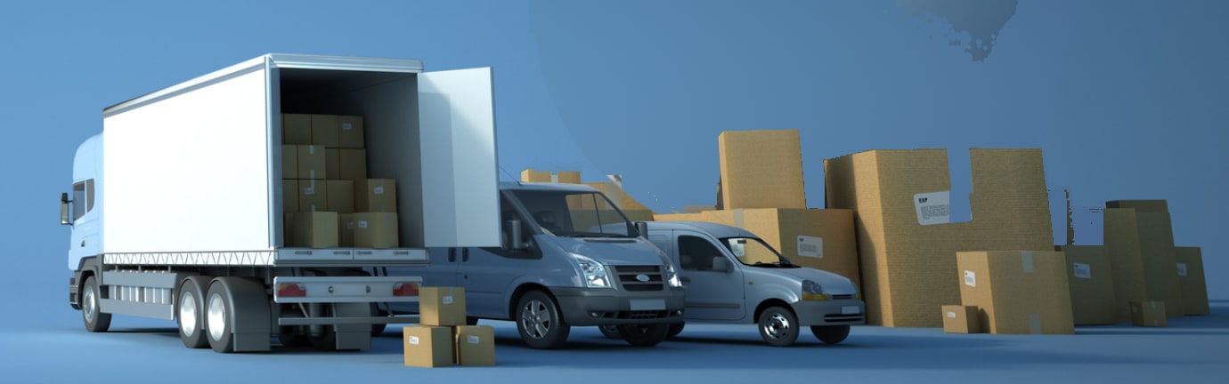 Delivery truck, vans and packages in front of a globe