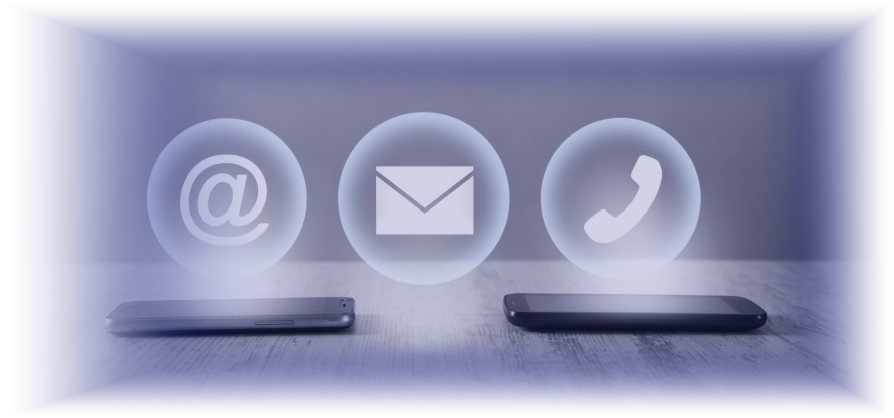 Email, message and phone icons glowing above two smartphones
