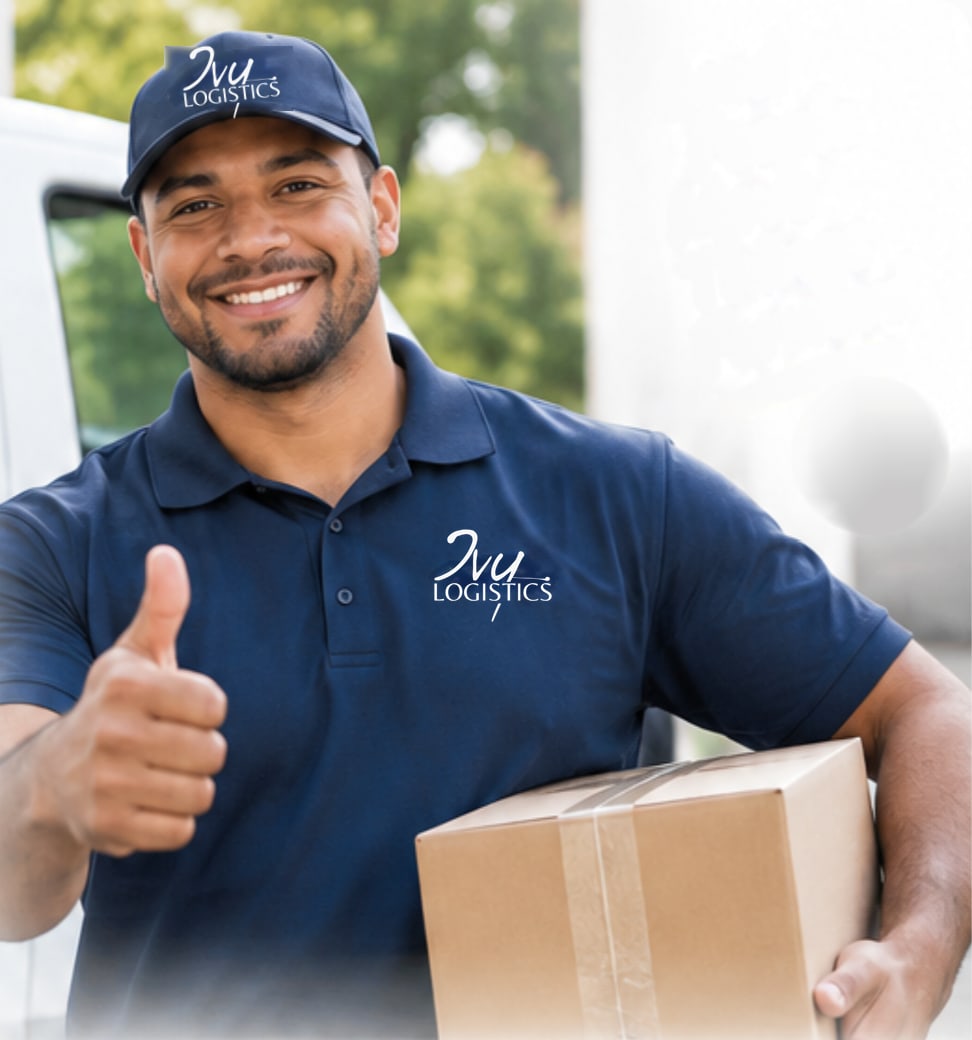 Smiling Ivy Logistics driver giving a thumbs up