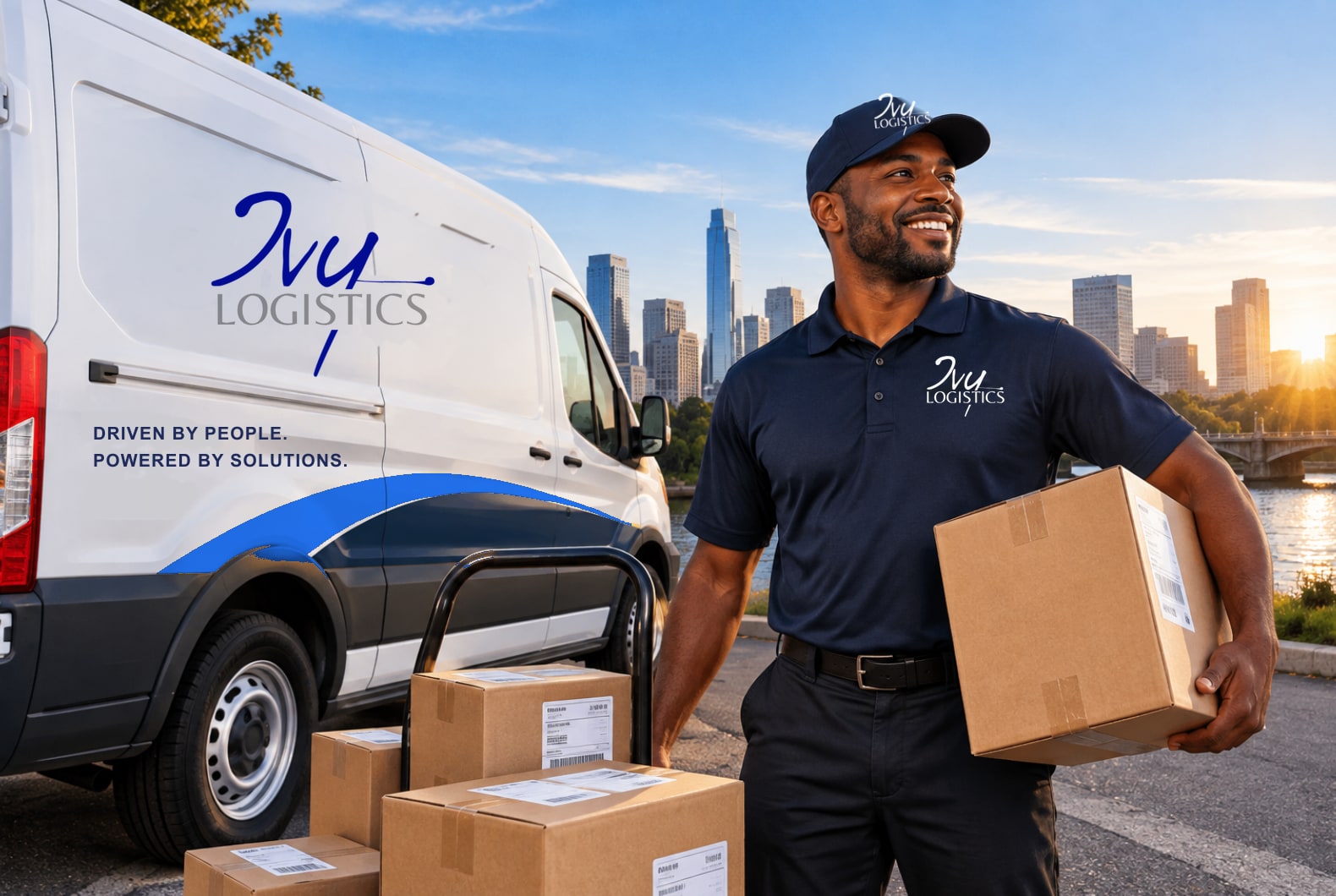 Ivy Logistics driver in an Ivy cap and shirt carrying a package beside an Ivy van