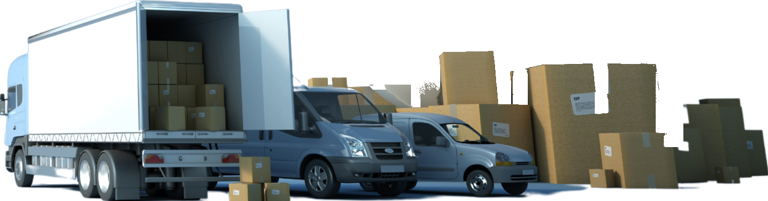 Box truck, vans and pallets of packages ready for scheduled B2B runs
